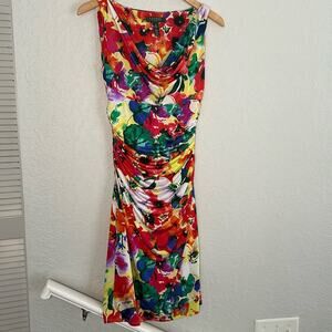Ralph Lauren Colorful Ruched Dress Drape Neck Watercolor Office Loud Size 4